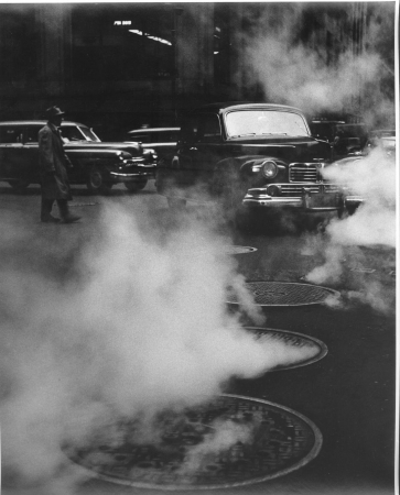 Benn Mitchell, NYC Cars over steamed street, 1950