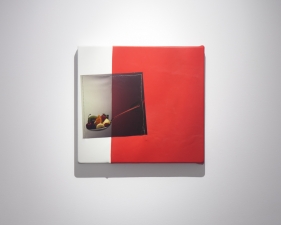 Jude Broughan<br /> <i>Label,&nbsp;</i>2016<br /> Large format positive film transparency, leather, stretched vinyl and thread<br /> 14 x 15" (unique)&nbsp;