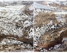 Laura McPhee<br /> <em>Calf Creek Canyon From Devils Backbone Highway, Utah </em>(diptych)<em>, </em>2010<br /> Archival Pigment Ink Prints<br /> 24 x 60" &nbsp; &nbsp; &nbsp;Edition of 5<br /> 30 x 80" &nbsp; &nbsp; &nbsp;Edition of 5<br /> 40 x 100" &nbsp; &nbsp;Edition of 5<br /> 50 x 120" &nbsp; &nbsp;Edition of 5<br /> 60 x 150" &nbsp; &nbsp;Edition of 5